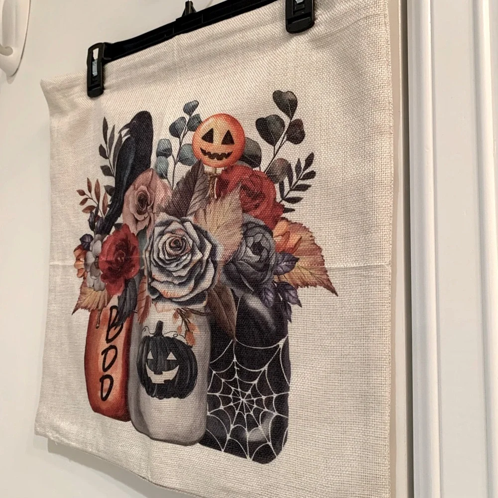 Halloween Pumpkin Crow Floral Throw Pillow Cover 17X17